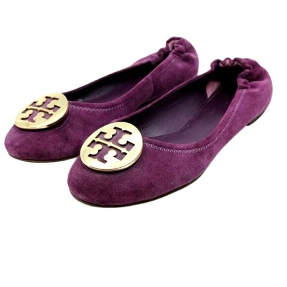 TORY BURCH~Gold Reva Logo~BALLET FLATS~PURPLE SUEDE LEATHER SHOES~7.5M - Picture 1 of 6